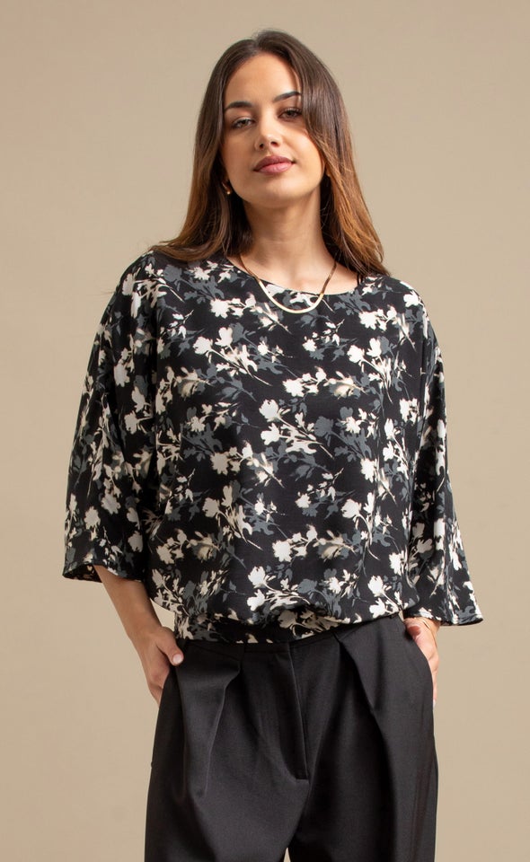 Printed CDC Batwing Top Black/olive Print