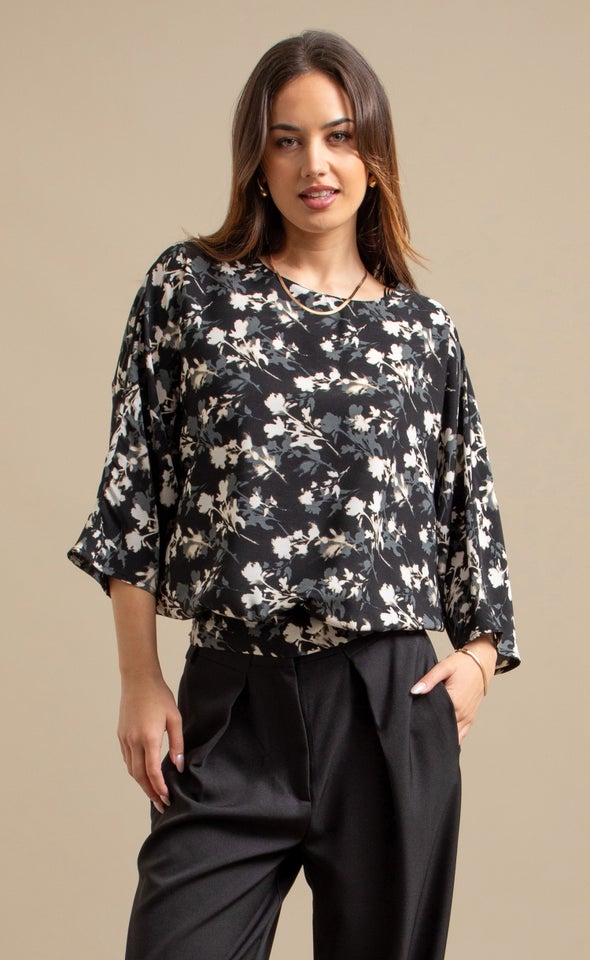 Printed CDC Batwing Top Black/olive Print