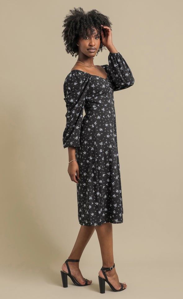 Printed CDC LS Midi Dress Black/blue Floral