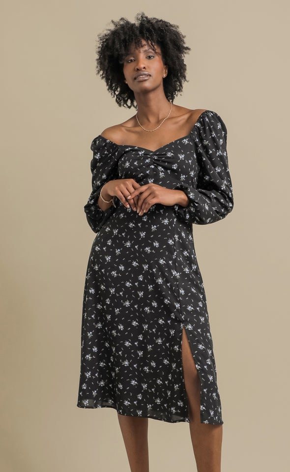 Printed CDC LS Midi Dress Black/blue Floral