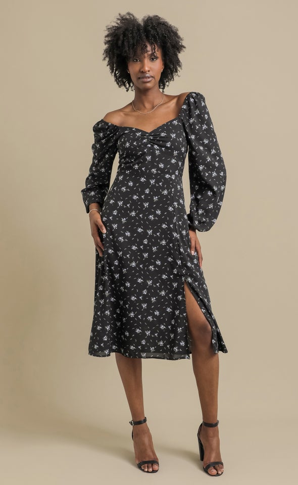 Printed CDC LS Midi Dress Black/blue Floral