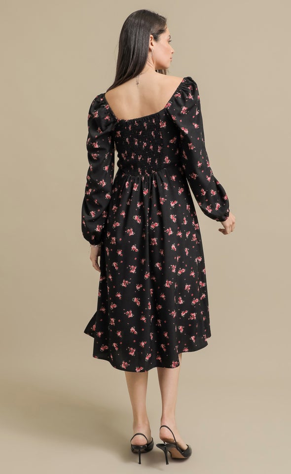 Printed CDC LS Midi Dress Black/red Floral