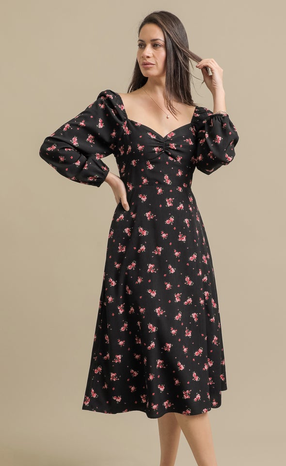Printed CDC LS Midi Dress Black/red Floral
