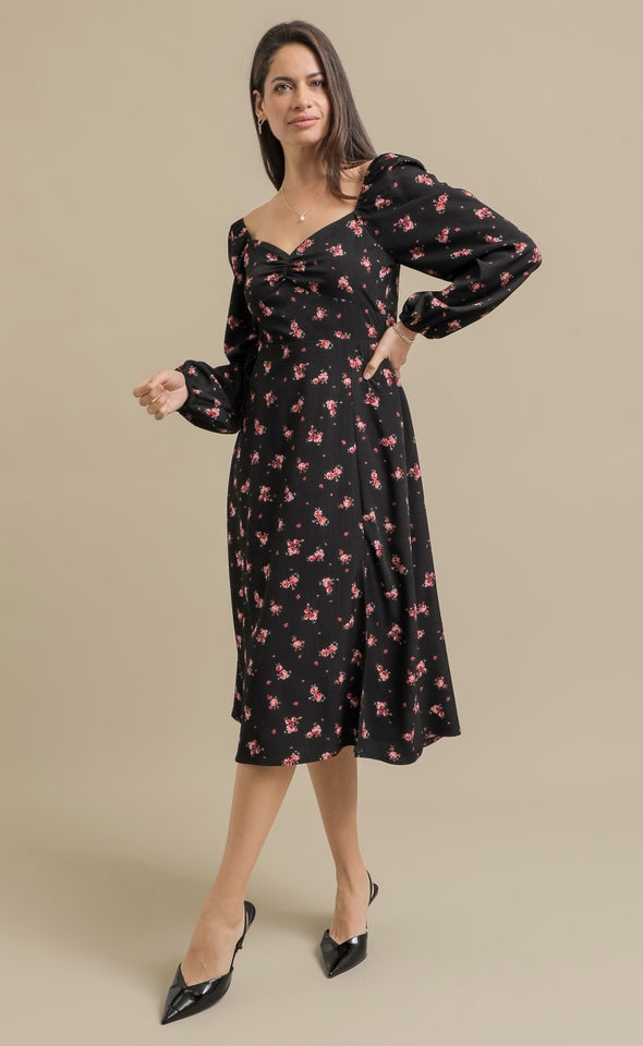 Printed CDC LS Midi Dress Black/red Floral