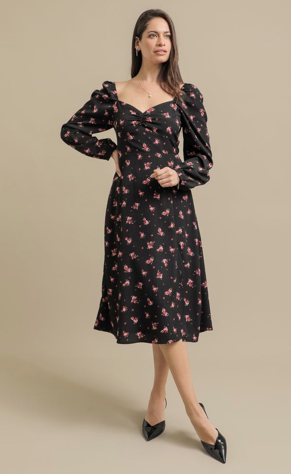 Printed CDC LS Midi Dress Black/red Floral