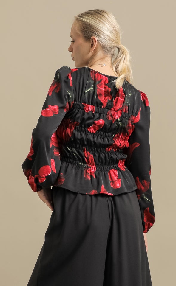 Printed CDC Shirred Detail Top Blk / Red Floral