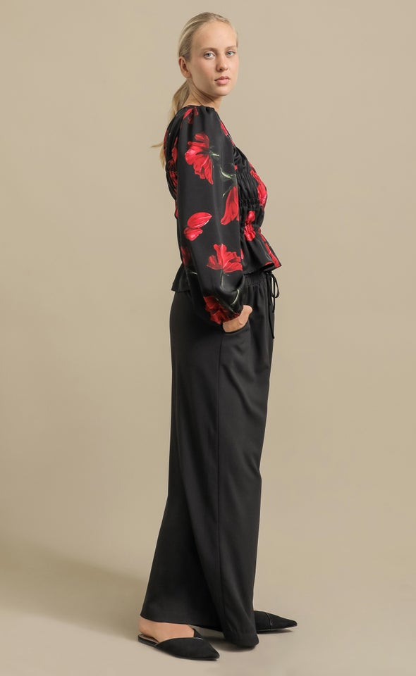 Printed CDC Shirred Detail Top Blk / Red Floral