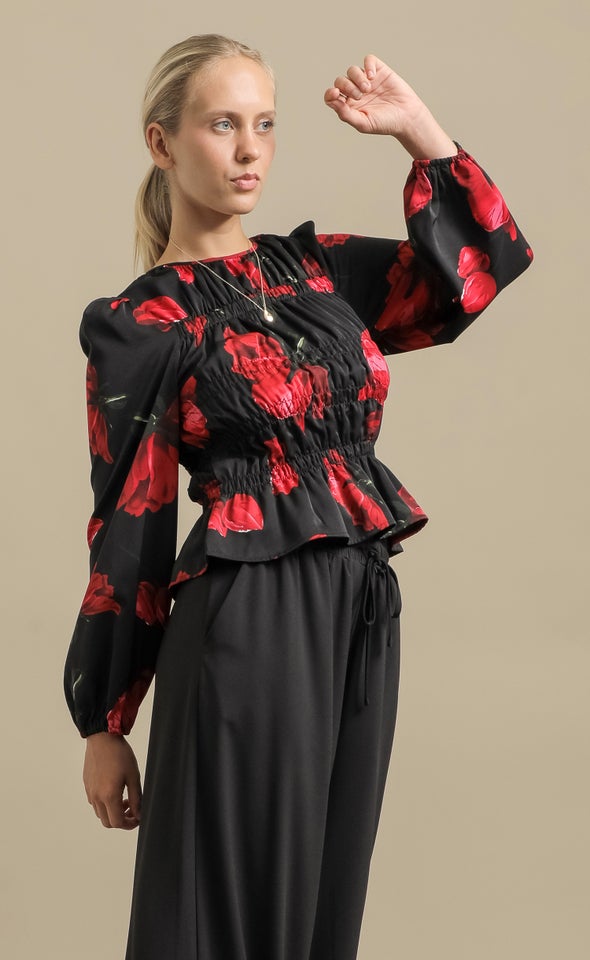 Printed CDC Shirred Detail Top Blk / Red Floral