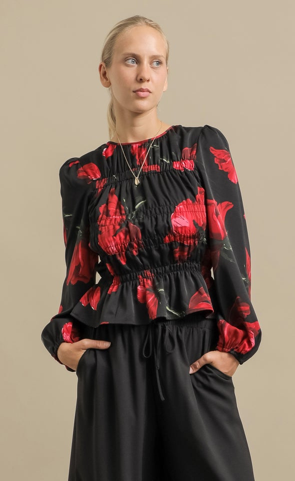 Printed CDC Shirred Detail Top Blk / Red Floral