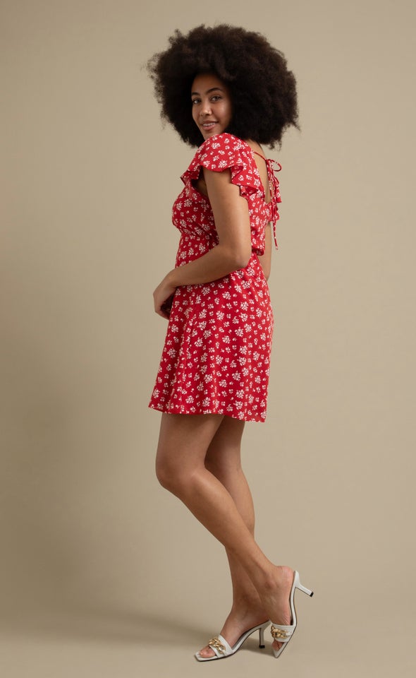 Printed CDC Tie Back Dress Red/white