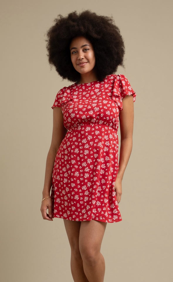 Printed CDC Tie Back Dress Red/white