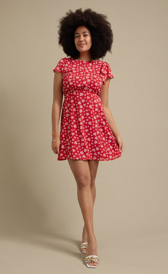 Printed CDC Tie Back Dress Red/white