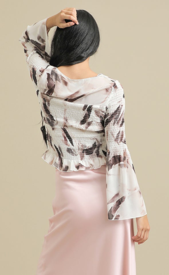 Printed Chiffon Angel Sleeve Top Cream/maroon Print