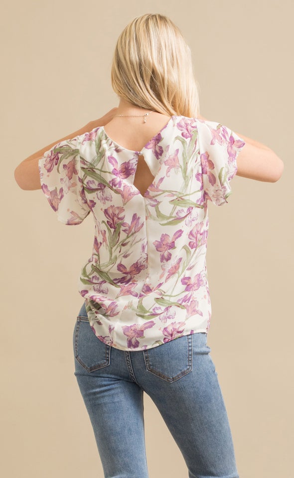 Printed Chiffon Fluted Sleeve Top Lilac Floral
