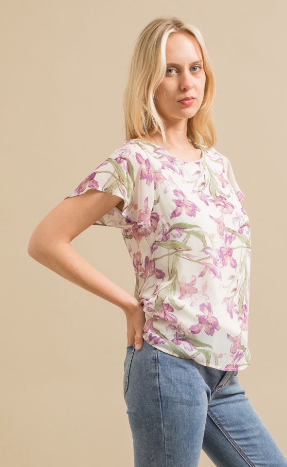 Printed Chiffon Fluted Sleeve Top Lilac Floral