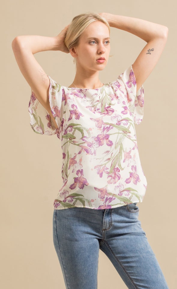 Printed Chiffon Fluted Sleeve Top Lilac Floral