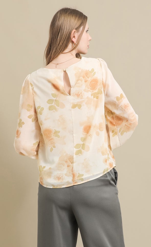 Printed Chiffon Gathered LS Top Cream/natural Floral