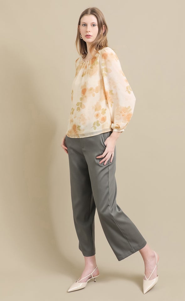 Printed Chiffon Gathered LS Top Cream/natural Floral