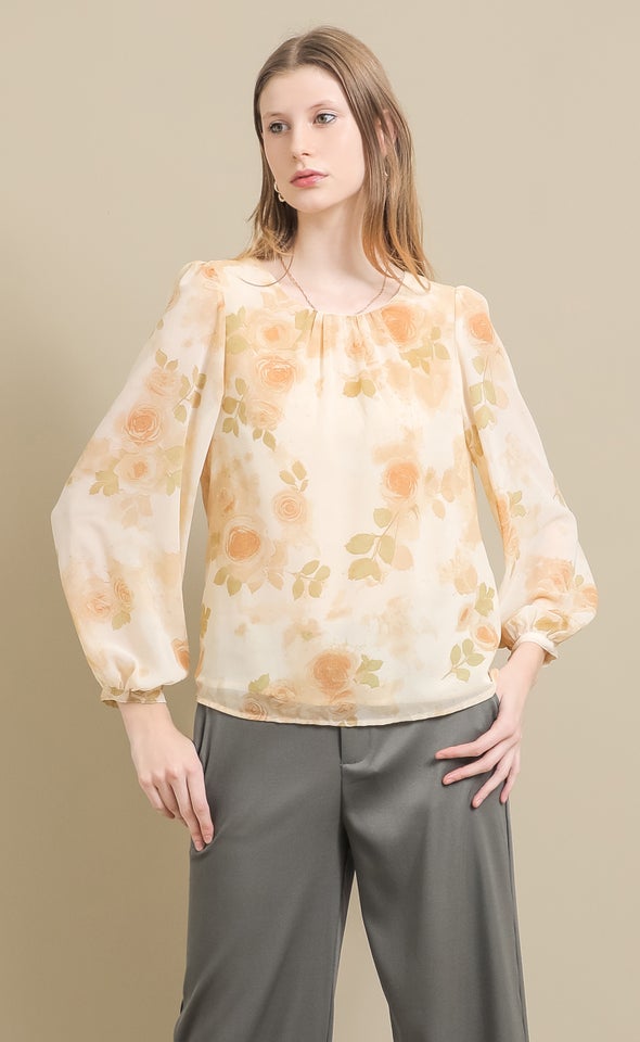 Printed Chiffon Gathered LS Top Cream/natural Floral