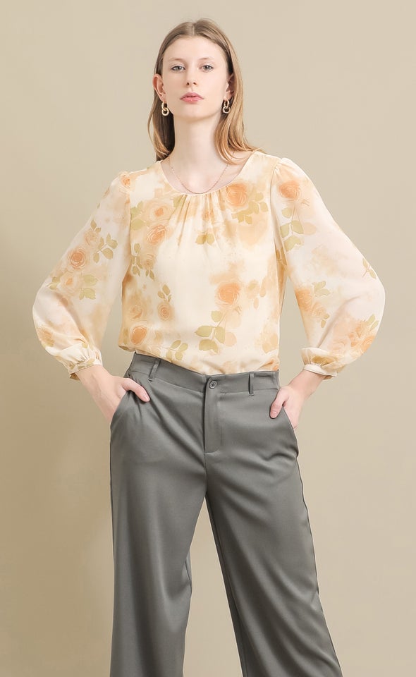 Printed Chiffon Gathered LS Top Cream/natural Floral