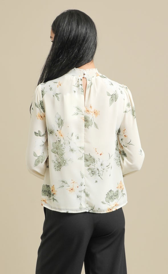Printed Chiffon High Neck LS Top Cream/olive Print