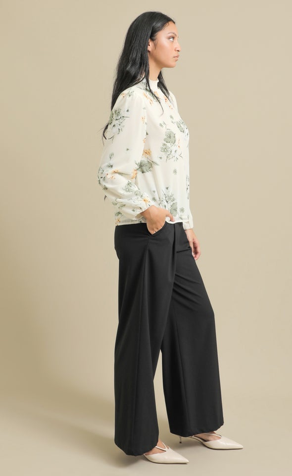 Printed Chiffon High Neck LS Top Cream/olive Print