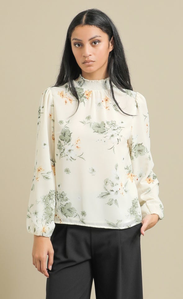 Printed Chiffon High Neck LS Top Cream/olive Print