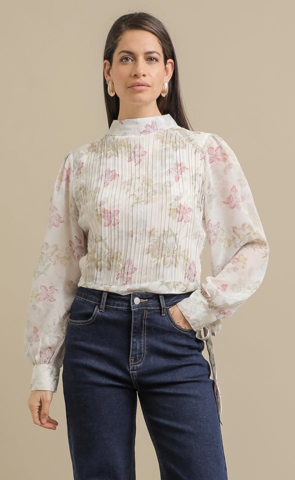 Printed Chiffon LS Top Cream/olive Print