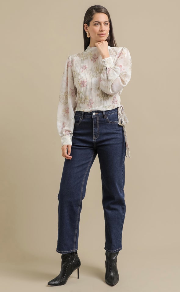 Printed Chiffon LS Top Cream/olive Print