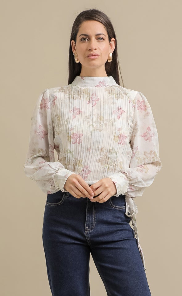 Printed Chiffon LS Top Cream/olive Print
