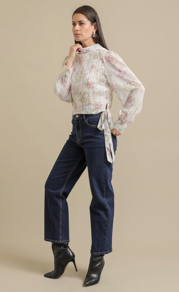 Printed Chiffon LS Top Cream/olive Print