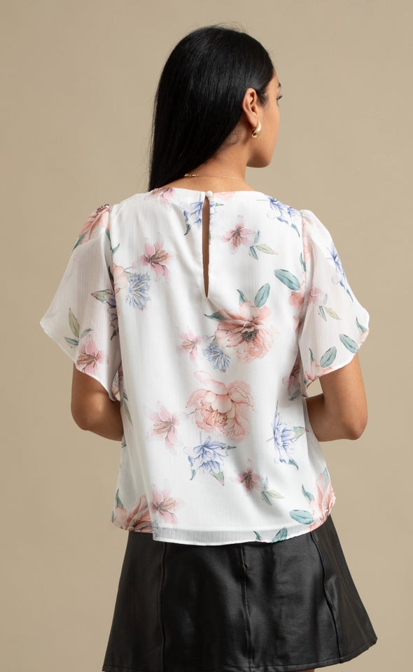 Printed Chiffon Tulip Sleeve Top Cream/floral