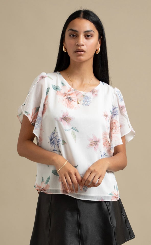 Printed Chiffon Tulip Sleeve Top Cream/floral