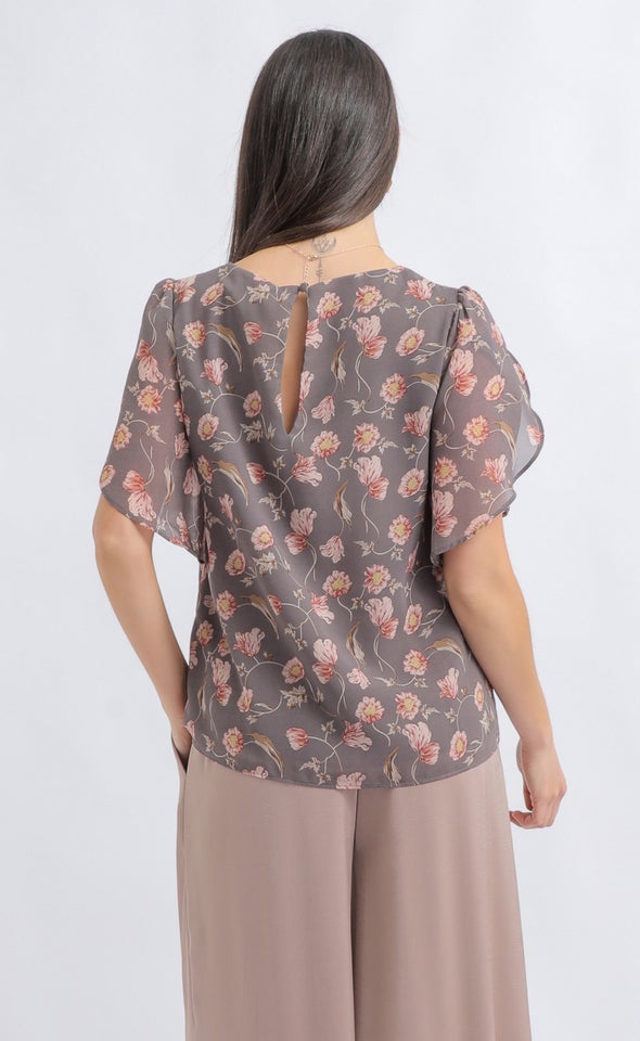 Printed Chiffon Tulip Sleeve Top Grey/floral Print