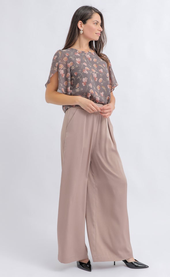 Printed Chiffon Tulip Sleeve Top Grey/floral Print