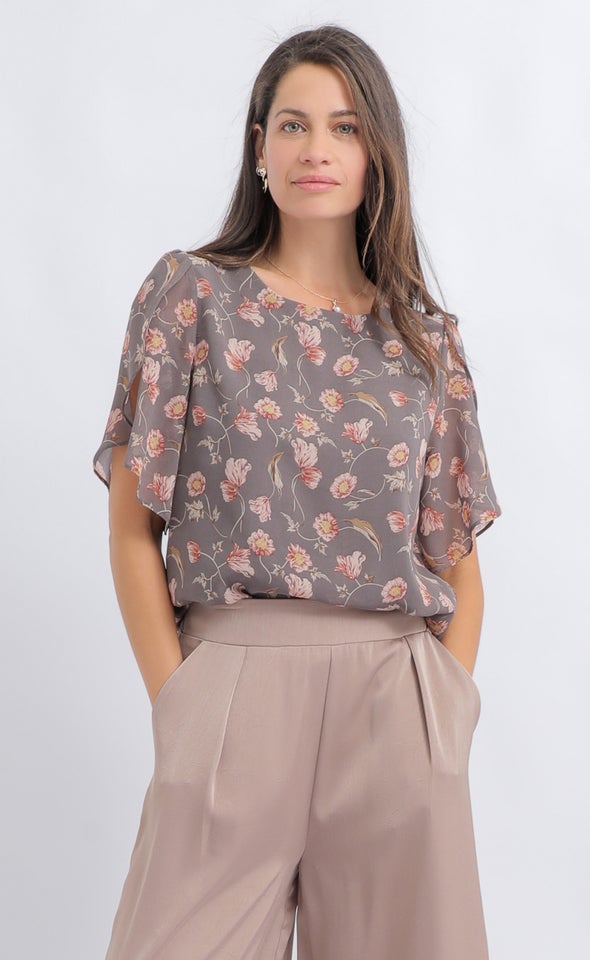 Printed Chiffon Tulip Sleeve Top Grey/floral Print