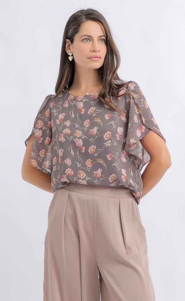 Printed Chiffon Tulip Sleeve Top Grey/floral Print