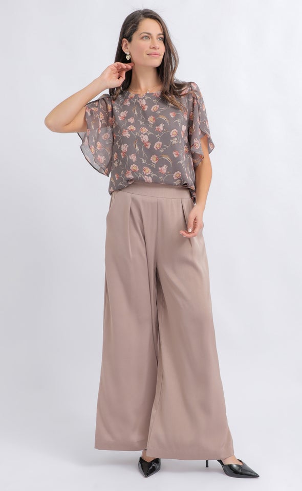 Printed Chiffon Tulip Sleeve Top Grey/floral Print