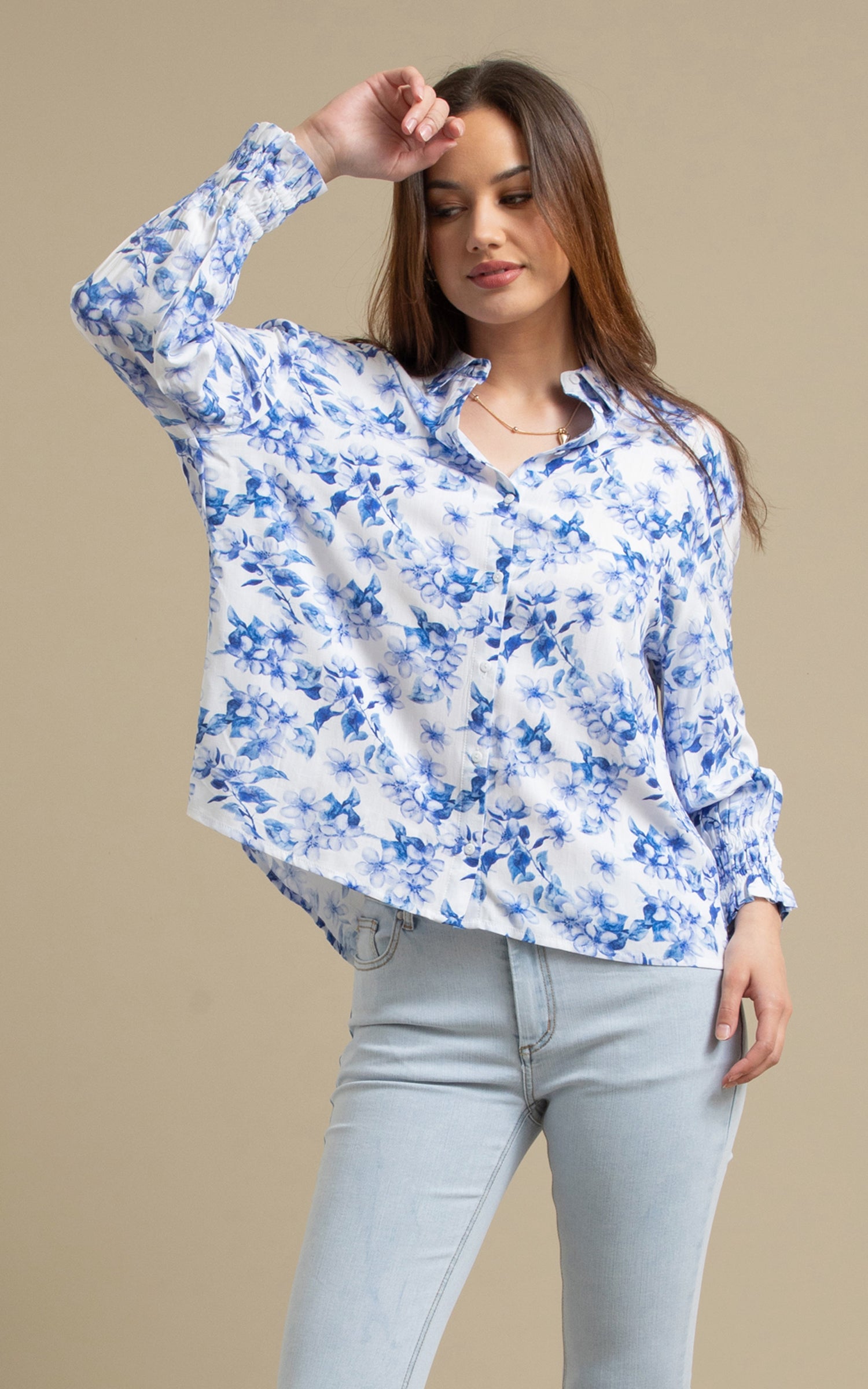 Gathered Sleeve Shirt blue/white