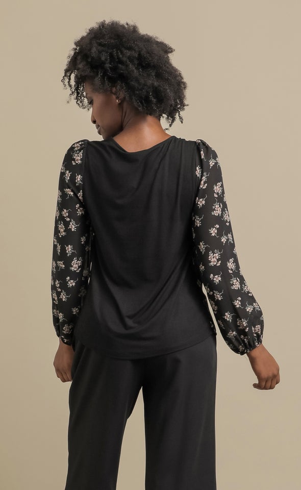 Printed LS Jersey Back Top Black/floral