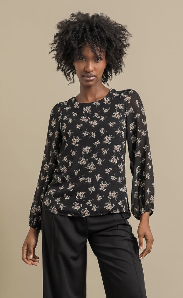 Printed LS Jersey Back Top Black/floral