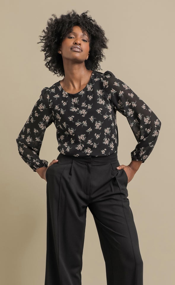 Printed LS Jersey Back Top Black/floral