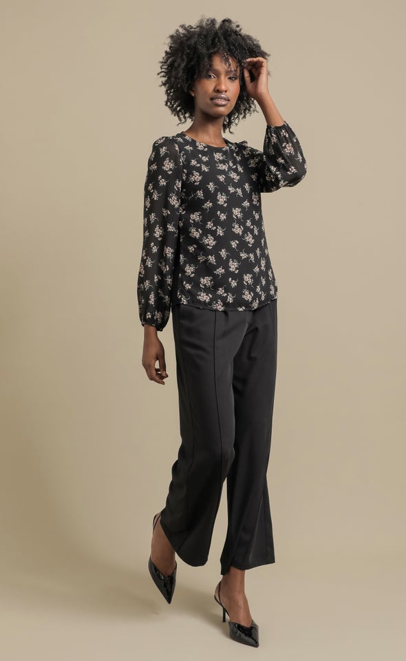 Printed LS Jersey Back Top Black/floral