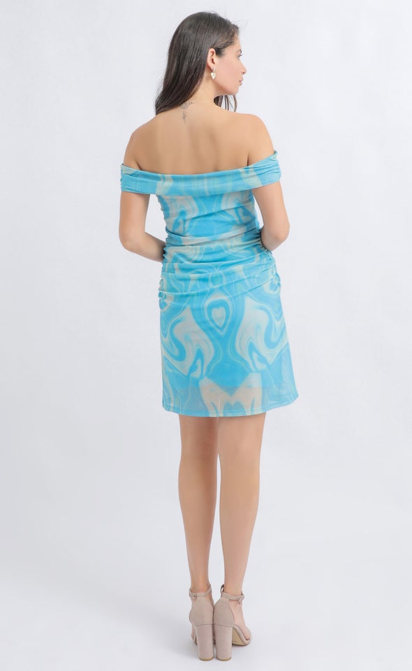 Printed Mesh Bardot Mini Dress Blue Marble