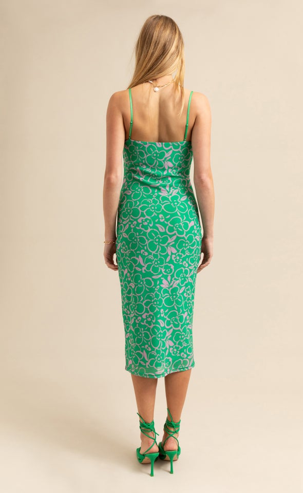 Printed Mesh Cowl Midi Dress Green/pink