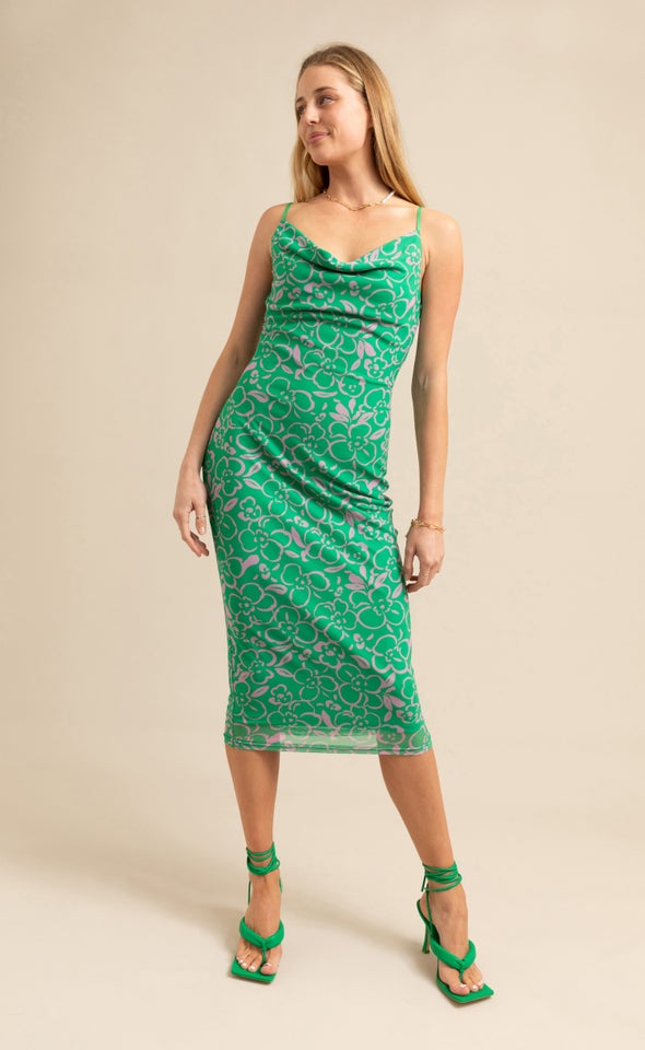 Printed Mesh Cowl Midi Dress Green/pink