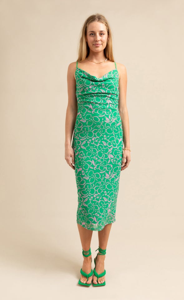 Printed Mesh Cowl Midi Dress Green/pink