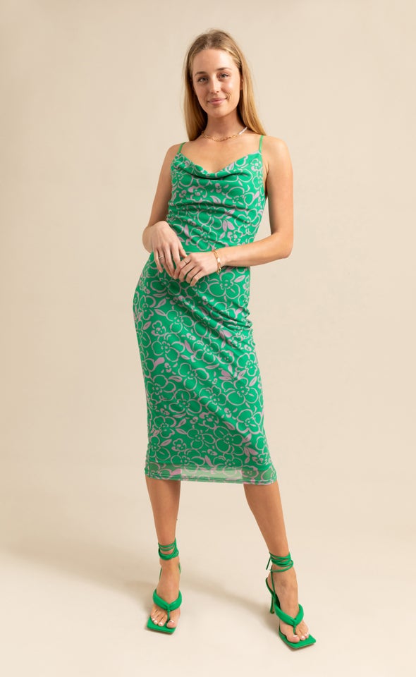 Printed Mesh Cowl Midi Dress Green/pink