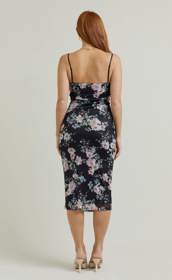 Printed Mesh Cowl Slip Dress Black/floral