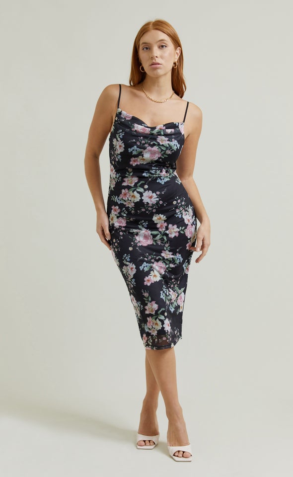 Printed Mesh Cowl Slip Dress Black/floral